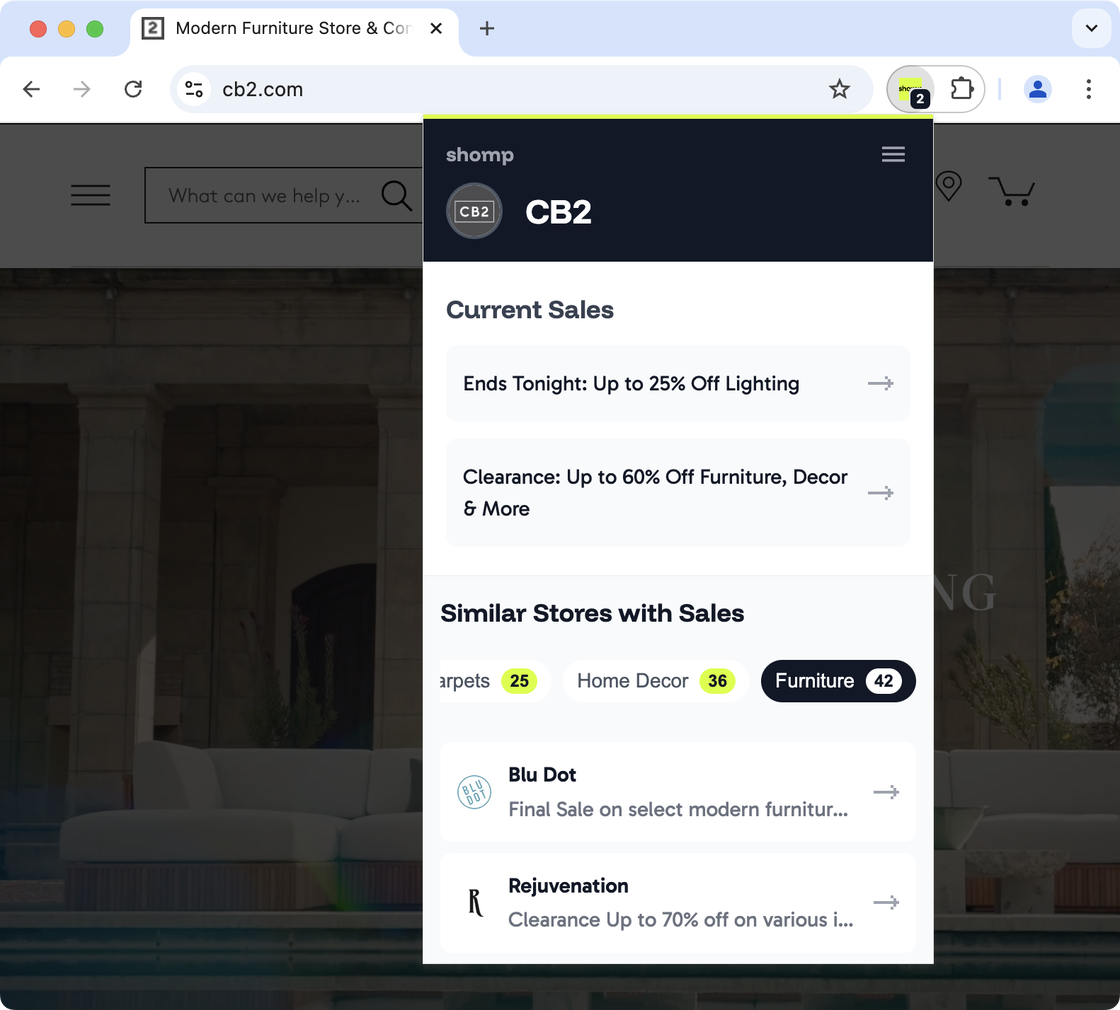Shomp Chrome Extension showing active sales