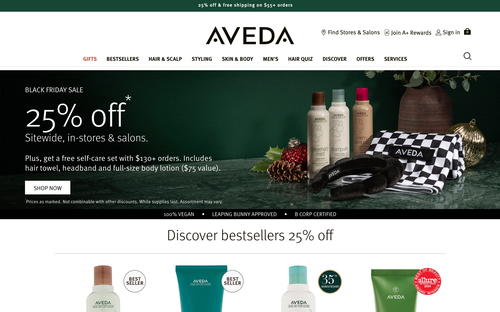 Aveda website screenshot