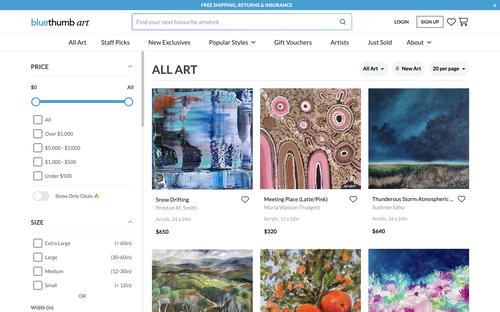 Bluethumb Online Art Gallery website screenshot