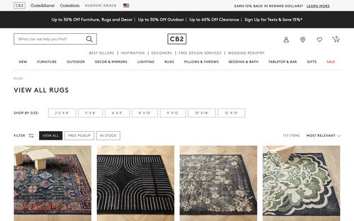 CB2 website screenshot
