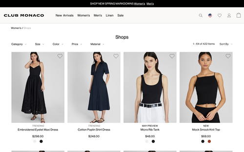 Club Monaco website screenshot