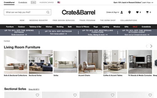 Crate and Barrel website screenshot