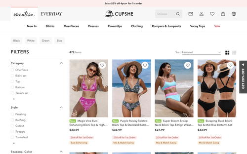 Cupshe website screenshot