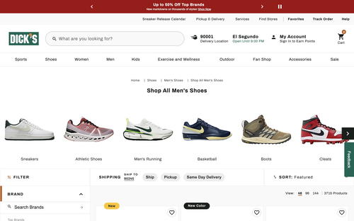 Dick’s Sporting Goods website screenshot