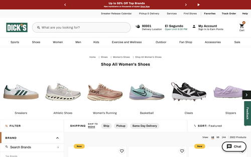 Dick’s Sporting Goods website screenshot