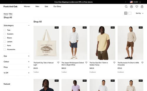 Frank And Oak website screenshot