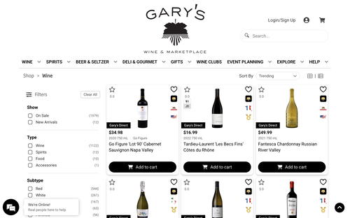 Gary's Wine & Marketplace website screenshot