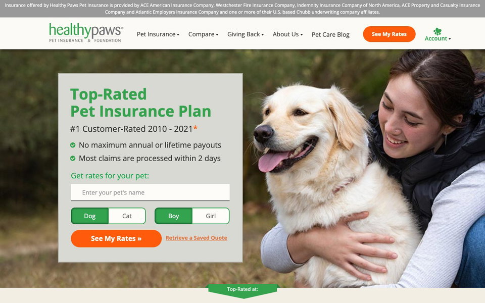 Healthy Paws Pet Insurance website