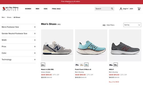 Joe's New Balance Outlet website screenshot