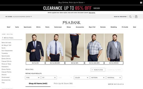 Jos. A. Bank website screenshot