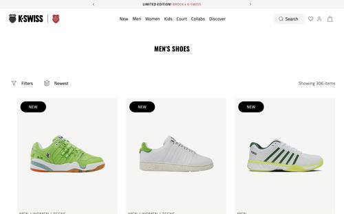 K-Swiss website screenshot