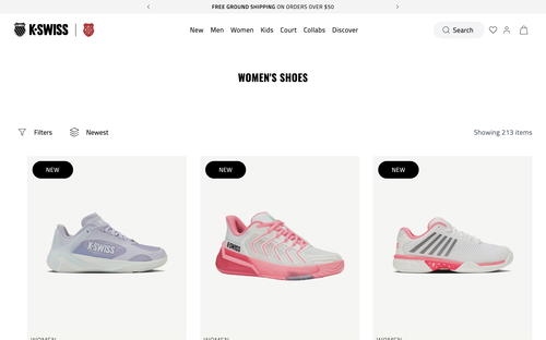 K-Swiss website screenshot