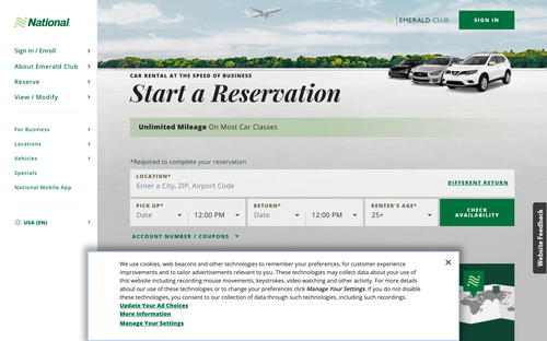 National Car Rental website screenshot