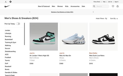 Nike website screenshot