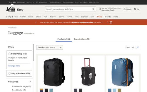 REI website screenshot