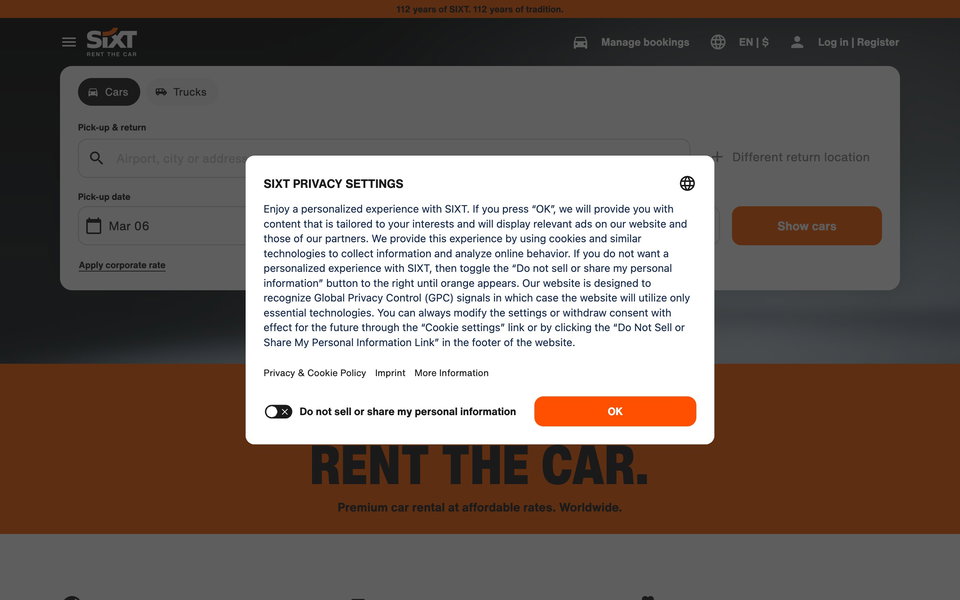 Sixt Rent a Car website