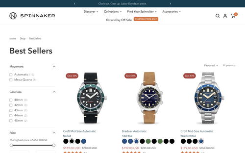 Spinnaker Watches website screenshot