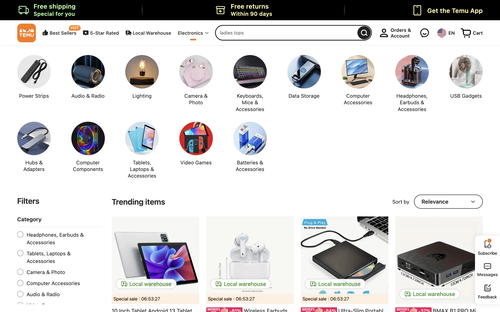 Temu website screenshot