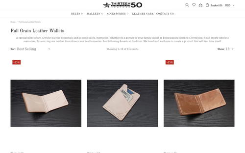 Thirteen50 Leather website screenshot