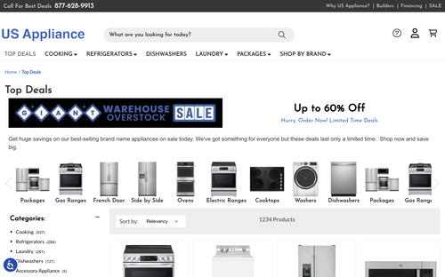 USA Appliance website screenshot
