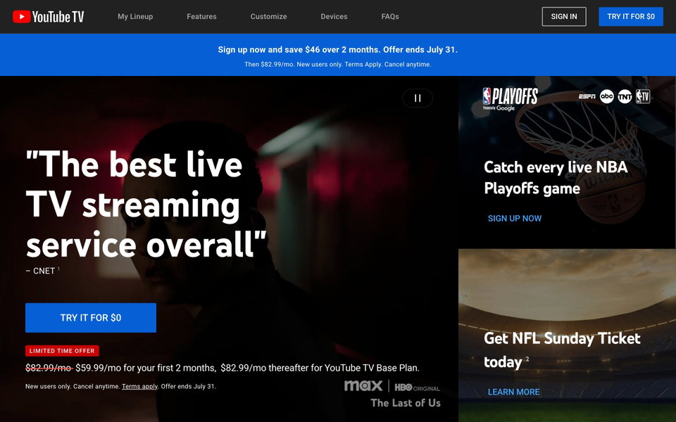 YouTube TV website